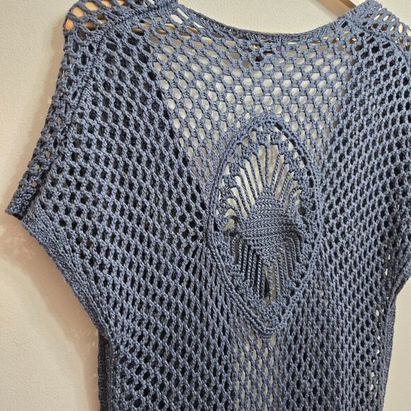 Artesia Womens Boho Crochet Duster Cover-up Size M Blue Beaded Open Knit Boho - Picture 7 of 12